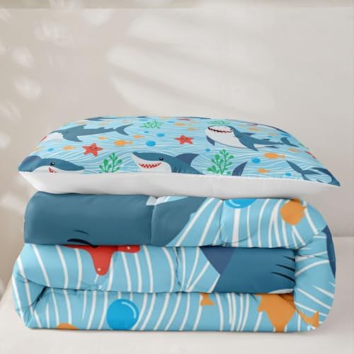 Cute Shark Comforter Set Twin Size,Fish Coral Bedding Set 2pcs for Kids Teens Boys Girls Room Decor,Mysterious Under Sea Animals Plants Themed Quilt Set Cartoon Blue Duvet Insert with 1 Pillowcase