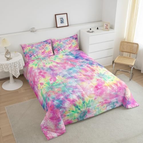 Erosebridal Kids Tie Dye Comforter Set, Bohemian Batik Down Comforter Twin Size, Boho Psychedelic Bedding Comforters for Children Girls Boys Teens Bedroom, Trippy Tattoo Watercolor Quilted Duvet
