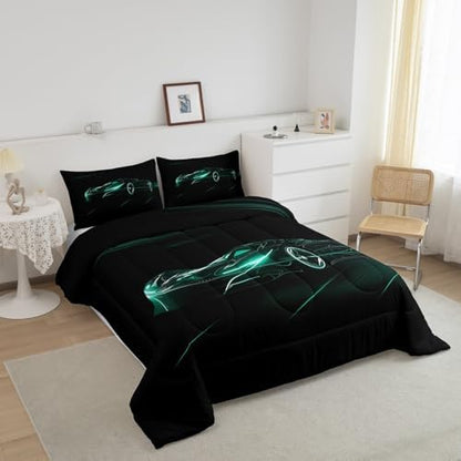 Feelyou Teal Race Car Bedding Set Queen Size for Kids Teens