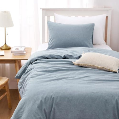 Wake In Cloud - Cotton Duvet Cover Set, 100% Washed Cotton, Linen Like Textured, Breathable Durable Comfy Farmhouse Neutral Bedding Set, 3 Pieces, Light Denim Blue, Twin/Twin XL Size