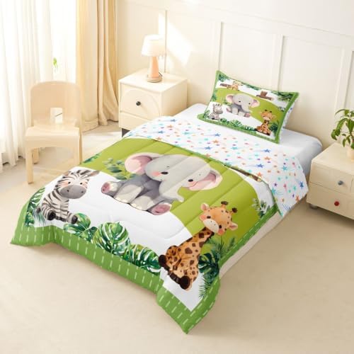 Feelyou Cartoon Animals Comforter Set Twin Size Cute Elephant Zebra Leopard Giraffe Bedding Set for Kids Boys Girls Palm Leaves Duvet Quilt Bedroom Decor Microfiber 2 Pcs with 1 Pillow Case