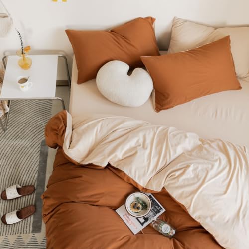 LifeTB Jersey Knit Cotton Duvet Cover Set Twin XL Terracotta & Cream Beige