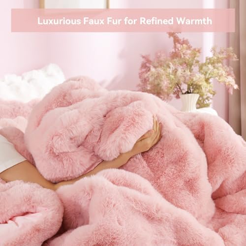 YIKUSH Queen Faux Fur Soft Comforter Set, Fluffy Pink Rabbit Fur Comforter