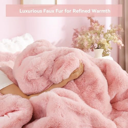 YIKUSH Queen Faux Fur Soft Comforter Set, Fluffy Pink Rabbit Fur Comforter
