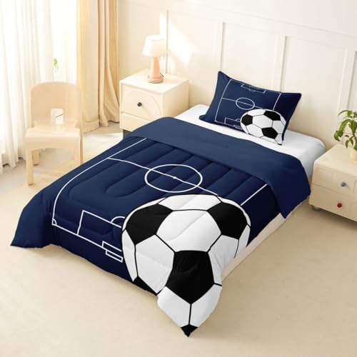 Castle Fairy Football Kids Comforter Set,Boys Soccer Sports Theme Bedding Set All Season,Football Court Blue White Comforter 2 Pcs with 1 Pillowcase,Ball Playground Quilt Bedroom Decor,Toddler Size