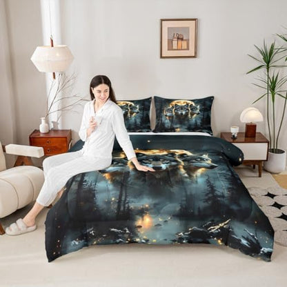 Wolf Kids Comforter Set Full Size,Pine Trees Moonlight Rustic Bedding Set,Girls Boys Room Decor,Wildlife Animals Adventure Lake House Quilt Comforter,Farmhouse Country Duvet Insert,2 Pillowcases