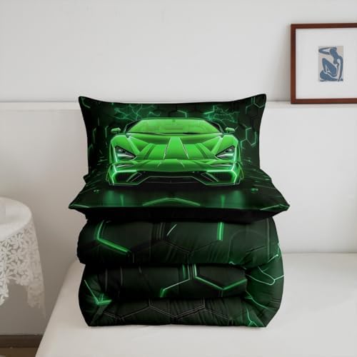 Feelyou Kids Race Car Bedding Set Twin Size,Green Neon Lights Extreme Sports Car Comforter Set,Boys Bedroom Room Decor,Geometric Hexagon Racing Car Comforter,Cool Car Bed Set for All Season