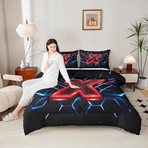 Manfei Geometric Honeycomb Kids Comforter Set Twin Size,Blue Neon Hexagon Abstract Bedding Set for Boys Girls Man Room Decor,Light Gaming Fashion Down Comforter,Red Black Duvet Insert,1 Pillowcase