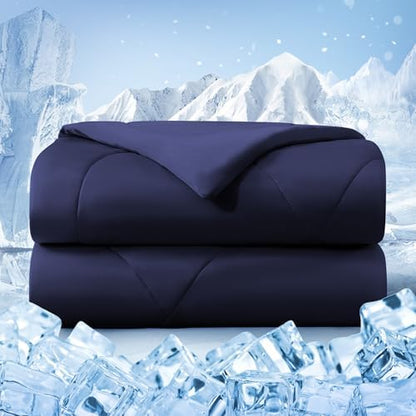 Cooling Comforter Queen Size, Double-Sided Cold Tech Fabric Quilted Bed Comforters Cooling Blanket for Hot Sleepers, Breathable Lightweight Summer Bedding, All-Season Ice Blanket, Navy Blue