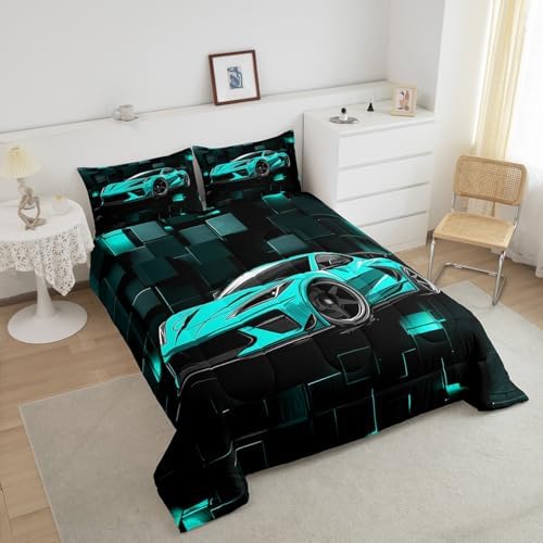 Erosebridal Kids Racing Car Comforter Set Full Blue Sports Car Bedding Set for Boys 3D Geometric Blocks Down Comforter Speed Race Car Quilt Black Blue Squares Duvet Insert 3Pcs Bedding Decor