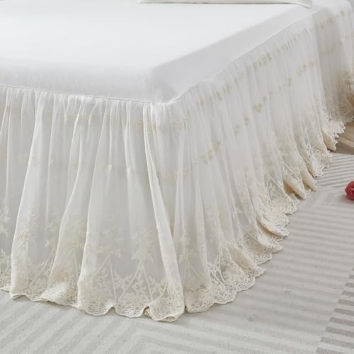 Brandream Queen Size Luxury Cream White Lace Bed Skirt 18 Inch Drop Romantic Girls Bed Sheets Cover Elegant Skirted Sheet