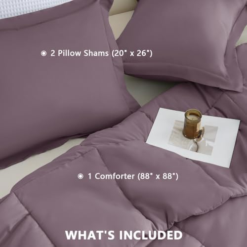 CozyLux Queen Size Comforter Set, 3-Piece Box-Stitched, Dusty Purple