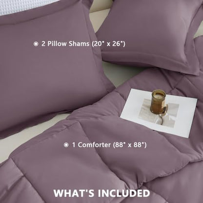 CozyLux Queen Size Comforter Set, 3-Piece Box-Stitched, Dusty Purple