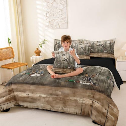 Erosebridal Mallard Duck Bed in A Bag 7 Pcs Rustic Farmhouse Cabin Comforter Set for Women Men Woodland Hunting Duck Bedding Sets King Vintage Natural Forest Sheet Set with Comforter