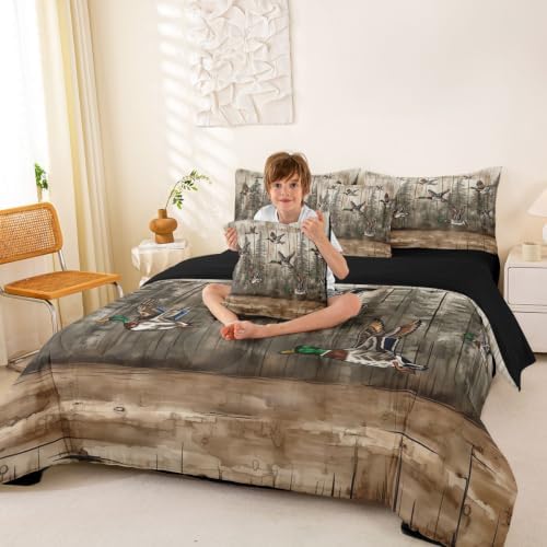 Erosebridal Mallard Duck Bed in A Bag 7 Pcs Rustic Farmhouse Cabin Comforter Set for Kids Teens Woodland Hunting Duck Bedding Sets Queen Vintage Natural Forest Sheet Set with Comforter