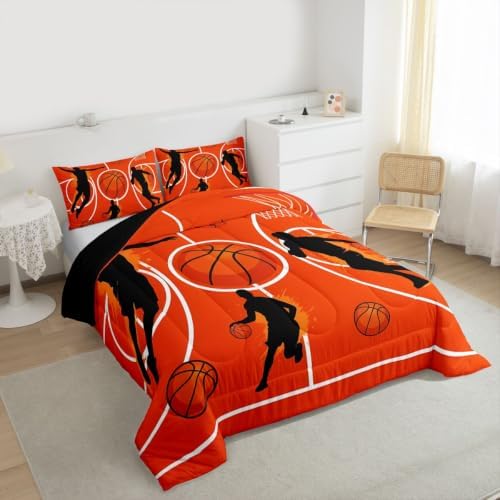 Graffiti Basketball Bedding Sets Full Size,Orange Court Line Comforter Set 3Pcs for Kids Girls Boys Youth Room Decor,Ball Sports Gaming Quilted Duvet Modern Fashion Down Comforter,2 Pillowcases