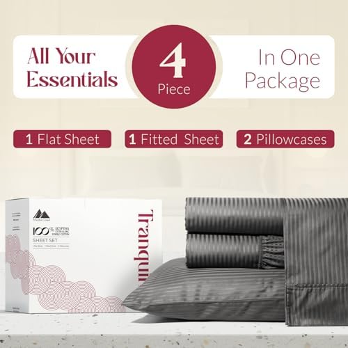 Mayfair Linen 100% Egyptian Cotton Full Size Sheet Set - Luxury 800 Series Striped Egyptian Cotton Sheets Full Size (4 PC, Dark Grey Stripe), Silky Soft Cooling 16" Deep Pocket Damask Hotel Bed Sheets