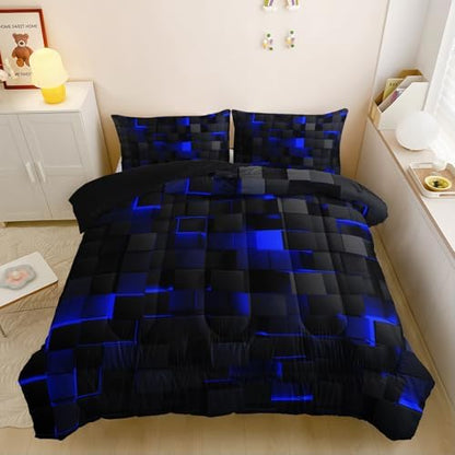 Nttopship Neon Blue Black Comforter Set Full Geometric Kids Bedding Set,3 PCS Geometry Honeycomb Bed Set Modern Quilt Set 1 Comforter 2 Pillow Cases Cool Room Decor All Season B-Side Black