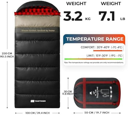 Cotton Flannel XXL Winter Sleeping Bags for Adults Big and Tall,Cold Weather 90x39 Inch Camping Sleep Bag,Waterproof Machine Washable 4 Season Outdoor Camping Gear,2-Way Zipper