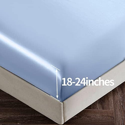 SiinvdaBZX 4Pcs Extra Deep Pocket Satin Sheet Set Queen Size, Baby Blue