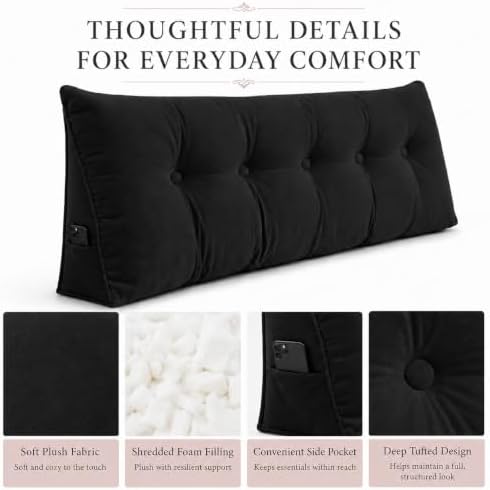 King Triangular Wedge Headboard Pillow, Soft Cotton Backrest Support Pillow for Reading Sitting Working, Daybed Pillows Bed Dorm Sofa Rest Cushion for Headboard, Black