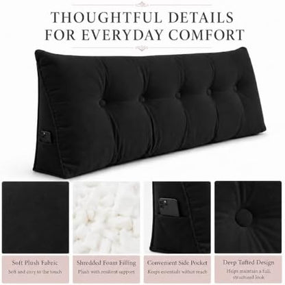 King Triangular Wedge Headboard Pillow, Soft Cotton Backrest Support Pillow for Reading Sitting Working, Daybed Pillows Bed Dorm Sofa Rest Cushion for Headboard, Black