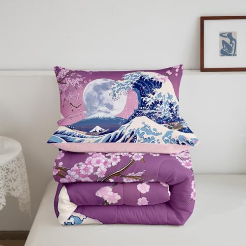 Homewish Japanese Cherry Blossoms Comforter Set Queen Size Fuji Mountain Bedding Set 3pcs for Girls Boys Teens Kids Bedroom Decor Ukiyoe Sea Wave Quilt Set Exotic Blue Pink Duvet Insert,2 Pillowcases