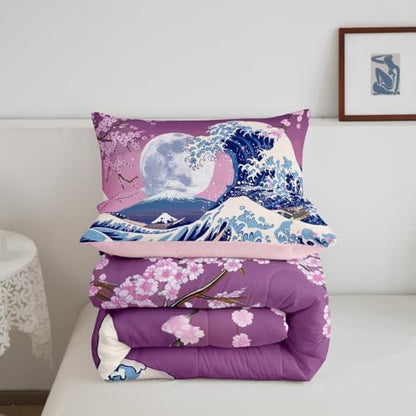 Homewish Japanese Cherry Blossoms Comforter Set Full Size Fuji Mountain Bedding Set 3pcs for Girls Boys Teens Kids Bedroom Decor Ukiyoe Sea Wave Quilt Set Exotic Blue Pink Duvet Insert,2 Pillowcases