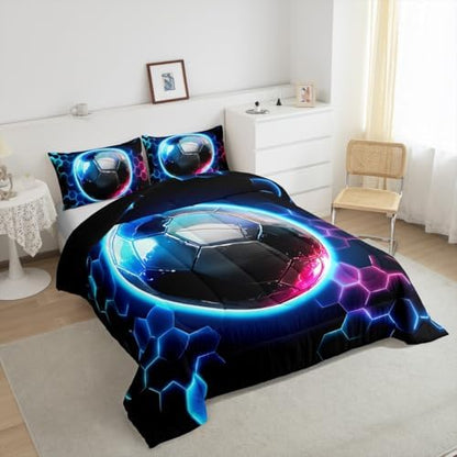 Erosebridal Boys Soccer Kids Bedding | Geometric Honeycomb Comforter Sets King,Colorful Neon Lights Comforter Hexagon Sports Gamer Duvet Insert with 2 Pillow Cases