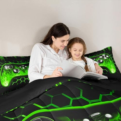 Erosebridal Ombre Art Honeycomb Gaming Bedding Set Green Neon Lights Game Console Toddler Bedding Sets for Boys Geometric Hexagon Beehive Quilt Set Gamer Room Decor for Boys