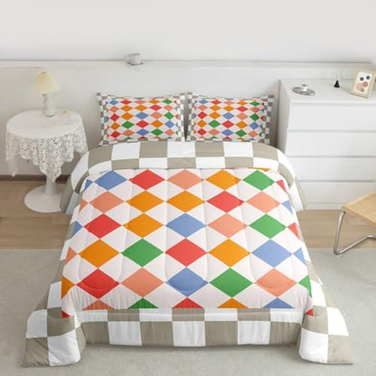 Feelyou Checkered Geometric Kids Comforter Set Twin Size Colorful Beige Brown Plaid Bedding Set Checkerboard Modern Aesthetic Duvet Quilt for Kids Boys Girls Bedroom Reversible Grey Decor