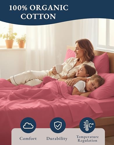 LANE LINEN Queen Sheets 100% Organic Cotton Percale Cooling - Mineral Red
