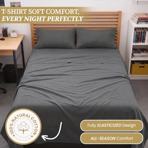 Full XL 100% Cotton Jersey Knit Sheet Set, 4PC, 15" Deep Pocket, Grey