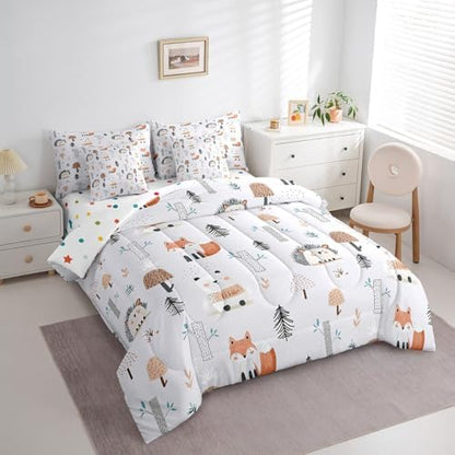 Erosebridal Cute Zoo Animals Twin Comforter Set 7 Piece for Kids Boys Girls Wildlife Bed in A Bag with Sheets Cartoon Fox Bear Hedgehog Bedding Set Jungle Tree Mushrooms Bed Set Room Decor