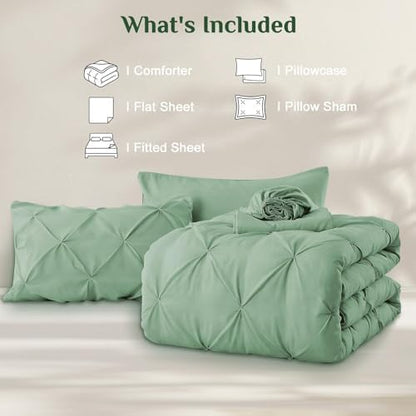 JOLLYVOGUE Twin Comforter Set 5 Pieces - Bed in a Bag Twin for All Season, Pintuck Bedding Comforter Sets with Comforter, Flat Sheet, Fitted Sheet and Pillowcases & Shams, Sage Green