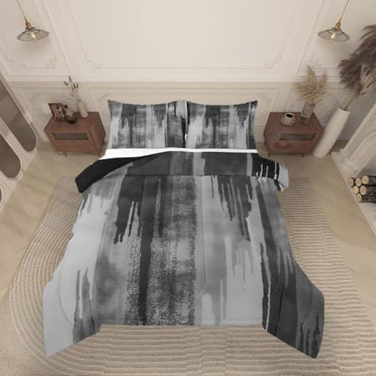 jejeloiu Black Gray Abstract Comforter Set All Season Modern Art Bedding Set with 2 Pillow Cases Splash Ink Abstract Microfiber Kids Full Bedclothes Luxury Bedroom Decor Duvet Quilt Breathable Soft