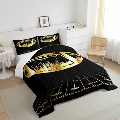 Erosebridal Black and Golden Football Comforter Set Twin for Boys Kids Teen Sports Bedding Soccer Duvet Insert Ball Gaming Quilt Comforter Rugby Football Field Comforter 2 Piece with 1 Pillowcase