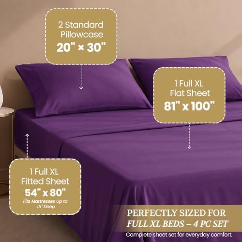 Full XL 100% Cotton Jersey Knit Sheet Set, 4PC, 15" Deep Pocket, Plum