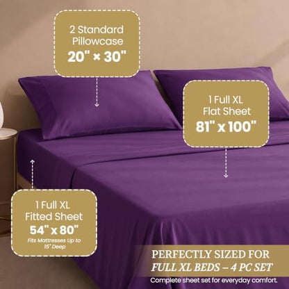 Full XL 100% Cotton Jersey Knit Sheet Set, 4PC, 15" Deep Pocket, Plum