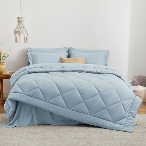 Love's cabin Full Comforter Set Light Blue, 7 Pieces Full Bed in a Bag, All Season Bedding Sets with 1 Comforter, 1 Flat Sheet, 1 Fitted Sheet, 2 Pillowcase and 2 Pillow Sham