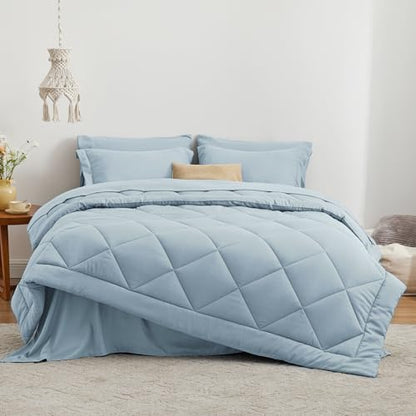 Love's cabin Queen Comforter Set Light Blue, 7 Pieces Queen Bed in a Bag, All Season Bedding Sets with 1 Comforter, 1 Flat Sheet, 1 Fitted Sheet, 2 Pillowcase and 2 Pillow Sham