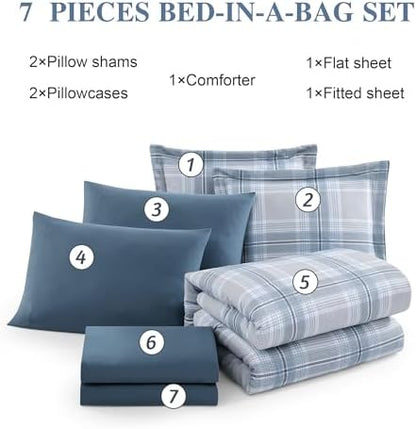 Plaid Full Size Comforter Set Light Blue 7 Pieces Farmhouse Bed in a Bag
