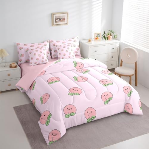 Erosebridal Cartoon King Comforter Set Pink Peach 7 Pieces Bedding Kids Kawaii Bed Set with Sheets Girl Lovely Cute Fruits Bed in A Bag Bedroom Decor