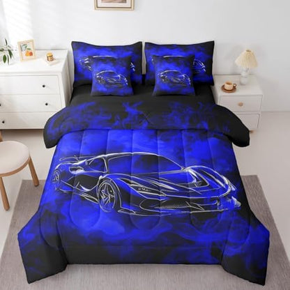 Feelyou Speed Sports Car Comforter Set with Sheets Full Size Kids Smoky Race Car 7 Pieces Bedding Set for Boys Girls Teens Racing Car Bed in a Bag Breathable Extreme Sports Bed Set Black Blue