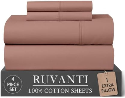 RUVANTI 100% Cotton Twin XL Sheets, Percale Weave Twin XL Set, Mocha Taupe
