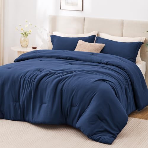 Love's cabin Dark Blue Queen Comforter Set, 3-Piece Prewashed Bed Set