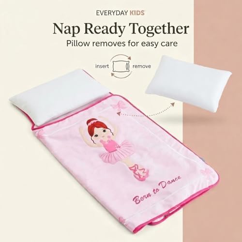 EVERYDAY KIDS Toddler Nap Mat with Removable Pillow -Born to Dance Ballerina- Carry Handle with Straps Closure, Rollup Design, Soft Microfiber for Preschool, Daycare, Sleeping Bag - Ages 2-6 Years
