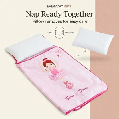 EVERYDAY KIDS Toddler Nap Mat with Removable Pillow -Born to Dance Ballerina- Carry Handle with Straps Closure, Rollup Design, Soft Microfiber for Preschool, Daycare, Sleeping Bag - Ages 2-6 Years