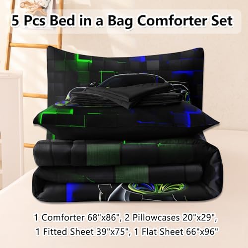5 Pcs Twin Car Bedding Sets for Boys, Race Car Twin Comforter Set for Boys Teens, Twin Boy Bedding Set with Sheets