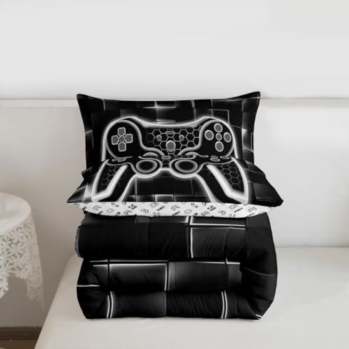 Feelyou Kids Gamer Comforter Set King Size Grey and Black Bedding Set for Boys Teens Decor Gaming Ombre Comforter Geometric Square Duvet Set 3Pcs